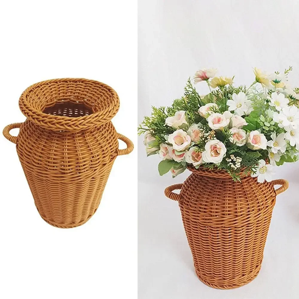 

Brown Weaving Flowerpot Plastic Home Decoration Ventilated Flower Pot for Balcony Terrace Office Cafe Storage Basket