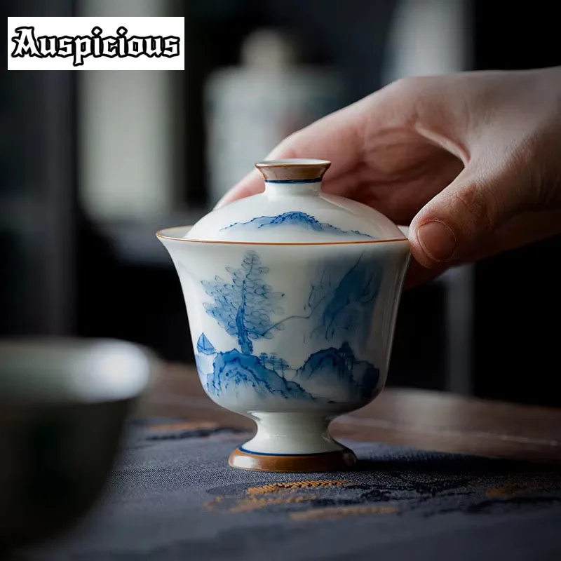 

120ml Pure Hand-painted Mountain Hidden Stream High Foot Tea Tureen Underglaze Color Covered Bowl Tea Maker Ceramic Gaiwan Gifts
