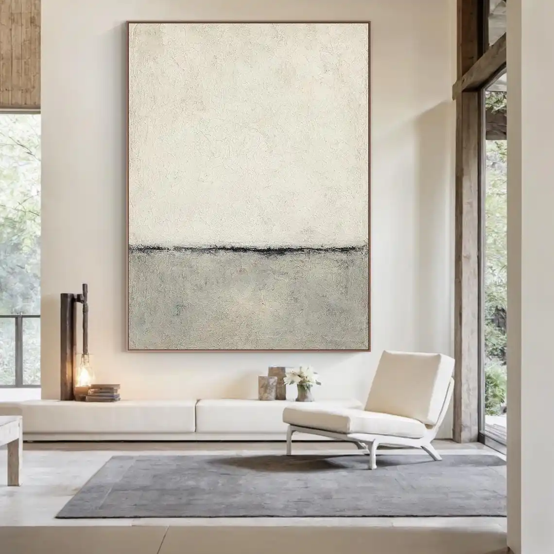 Handmade Large Neutral Minimalist Textured Canvas Wall Art Beige Gray Plaster Abstract Horizon Line Oil Painting for Living Room