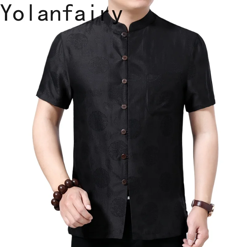 

YOLANFAIRY 35% Mulberry Silk Shirt for Man Camisas Hombre Summer Shirt Mens Shirts Short Sleeves Mens Fashion Tops Loose Fit