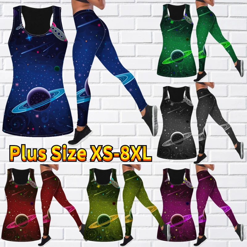 Women\'s Yoga Pants Set Cosmic Printed Sweatpants Yoga Two Piece Casual Sports Tank Top Leggings XS-8XL