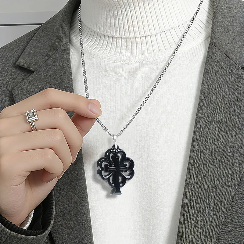 Original Natural A-grade Black Chicken Jade Four Leaf Clover Cross S925 Silver Jade Pendant For Men's Women's Gifts