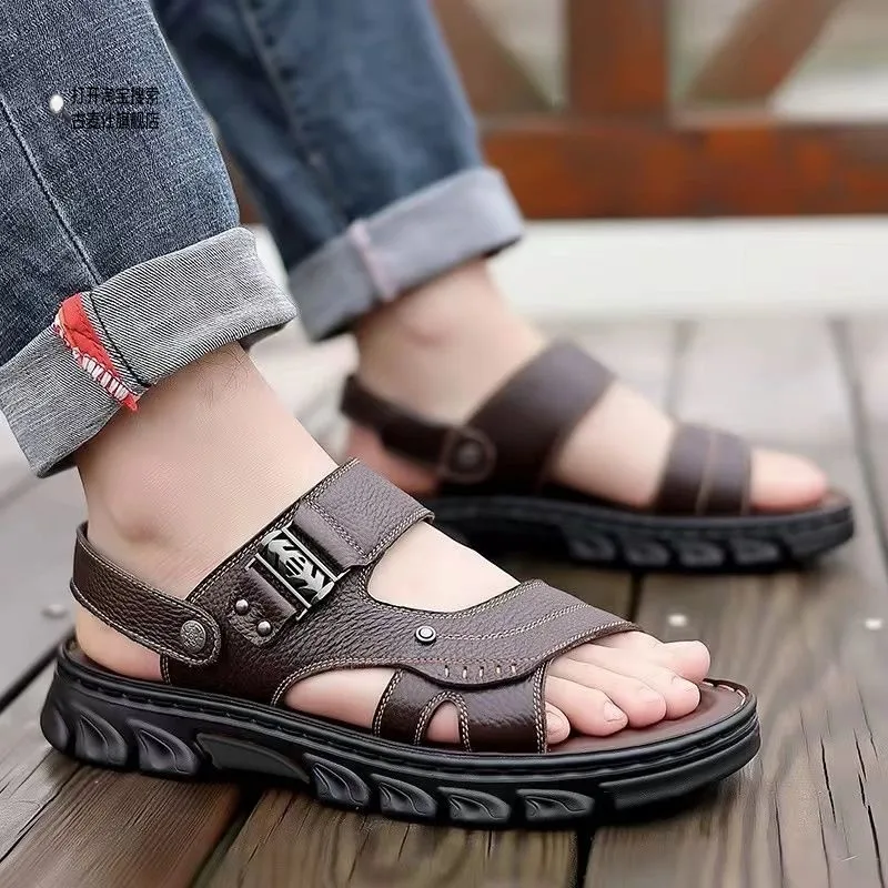 

Men's Sandals Summer Leather Thick Bottom Wear-Resistant Beach Outdoor Anti-Slip Deodorant Dad Driving Dual-Purpose Slippers