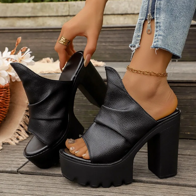 Summer New Women's Party Hot-Selling Thick-Platform, Waterproof, Super High Chunky Heel Closed-Toe PU Flats view 2