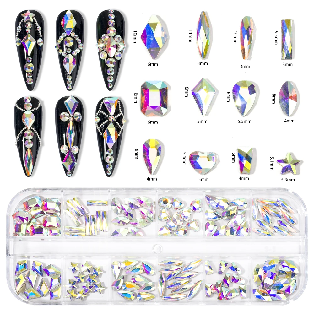 120 Pcs Multi Size AB/Colorful Hotfix Rhinestones Flatback Crystal Diamond Gems 3D Glitter Nail Art Luxurious Decorations