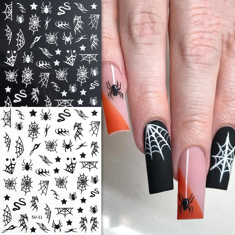 Black Spiders Halloween Nails Stickers Spider Cobweb Snakes Y2k Spiderweb Halloween Pumpkin Bat Various Pattern Nail Decals SU11