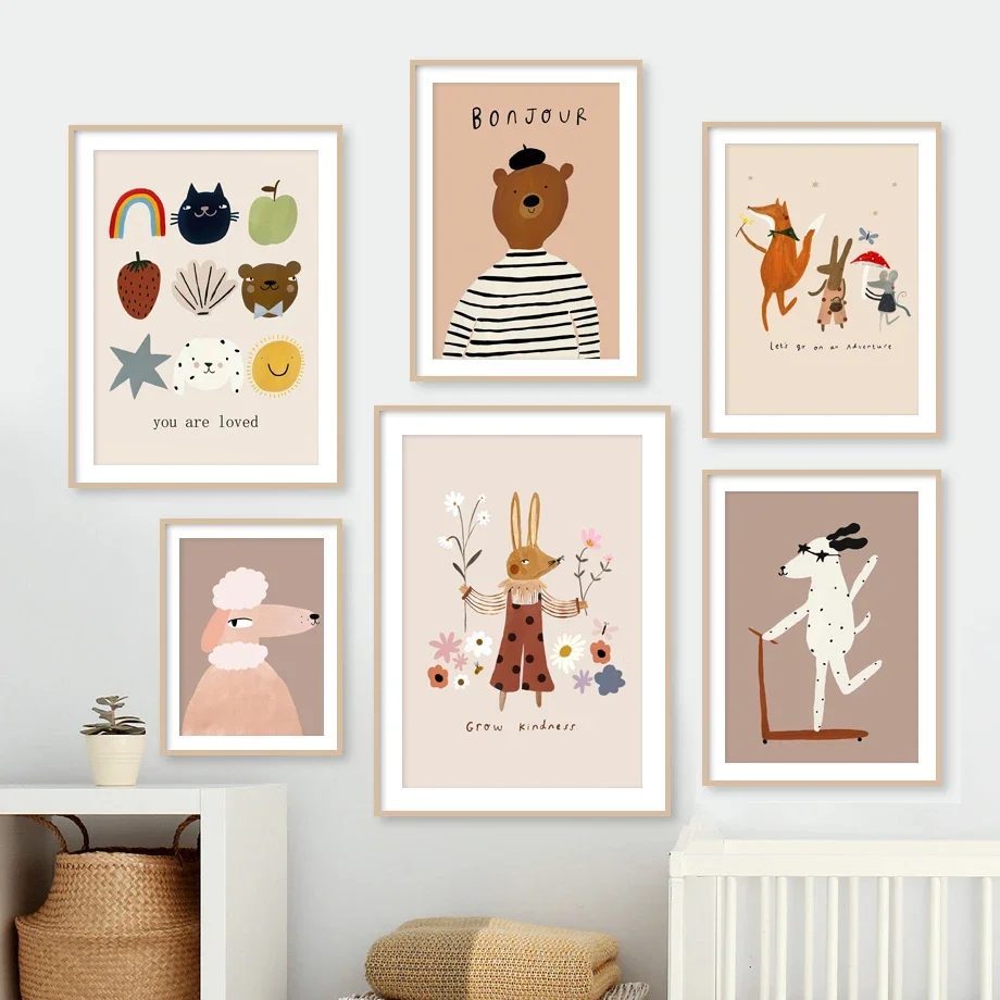 1pc Frameless Dog Goose Rabbit Bear Fox Mouse Wildflower Cartoon Poster Wall Art Canvas Painting And Prints Wall Pictures Baby K