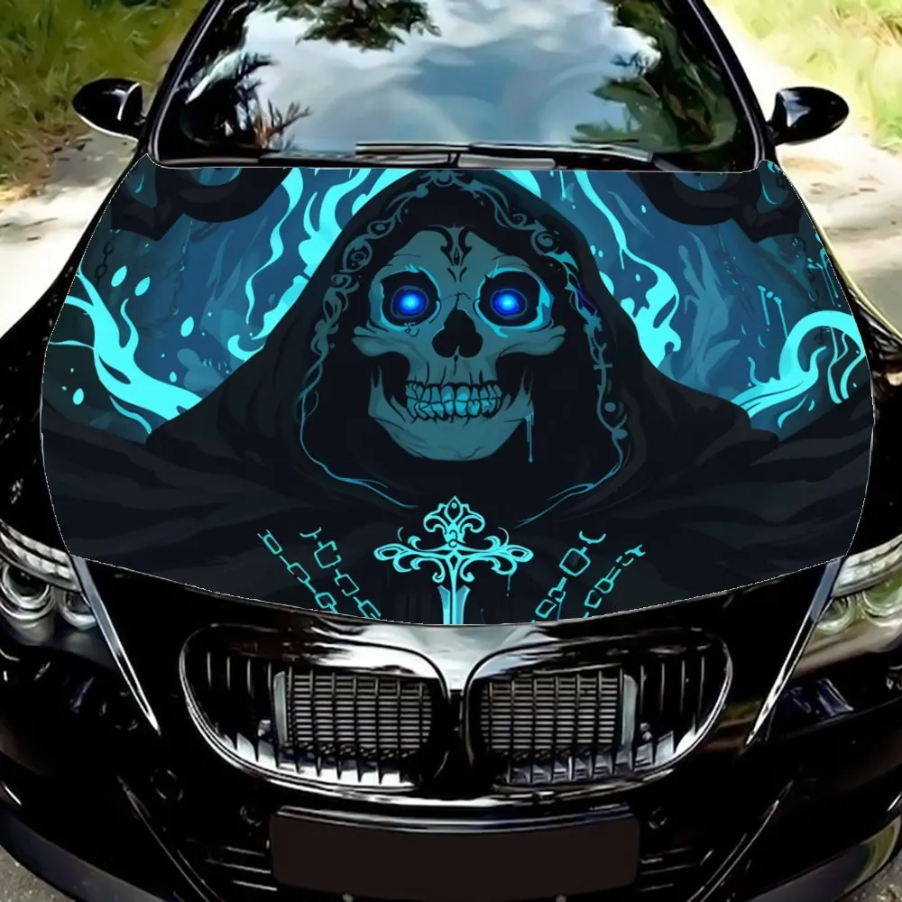

Dark Guardian: Skeleton and Blue Light Cross graphic car vinyl wraps, vinyl car bonnet graphics, mysterious pattern vinyl decals