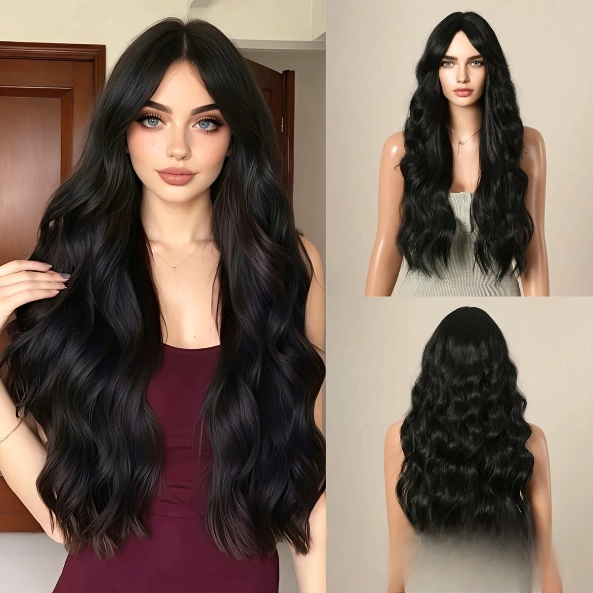 Fashion women's long black wavy synthetic wig with cute mid-point look