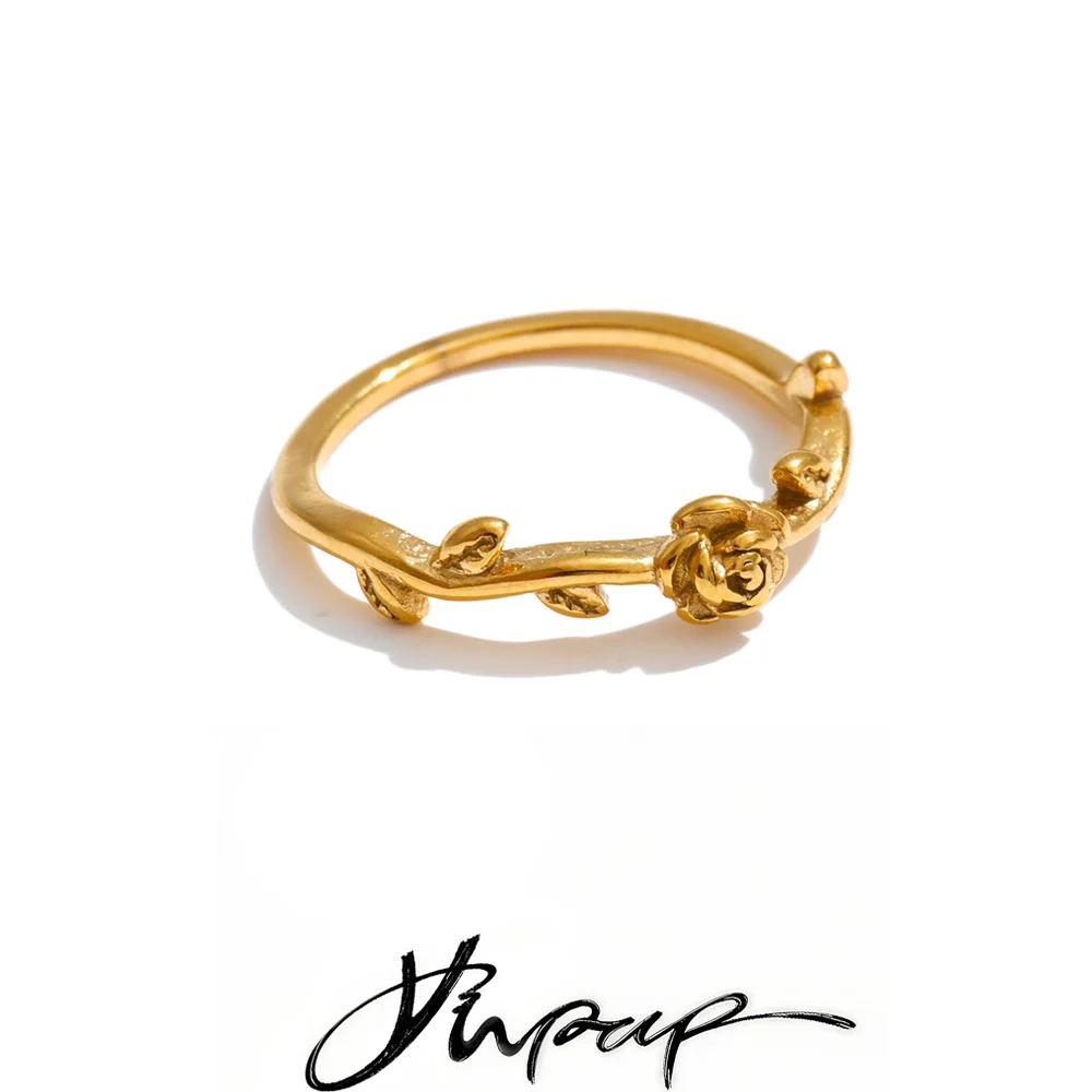 Yhpup Size 6789 Stainless Steel Rose Flower Thin Ring 18K PVD Plated New Popular Charm Finger Jewelry Wholesale