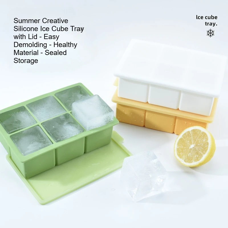 

6-cavity large cube ice tray, household, DIY ice-making mold with lid, no flavor transfer, food-grade silicone ice cube tray