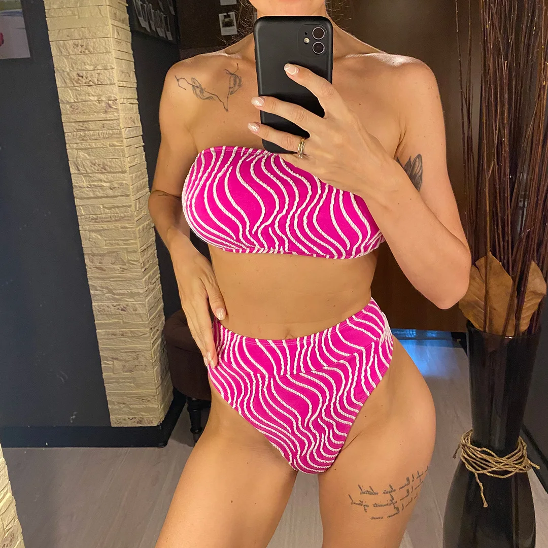 Sexy Bikini mit Wellenmuster, Bandeau-Oberteil und hoher Taille, Damen-Badeanzug, zweiteiliges Bikini-Set, Badebekleidung, Badeanzug, Modell V5445. – Detail 10