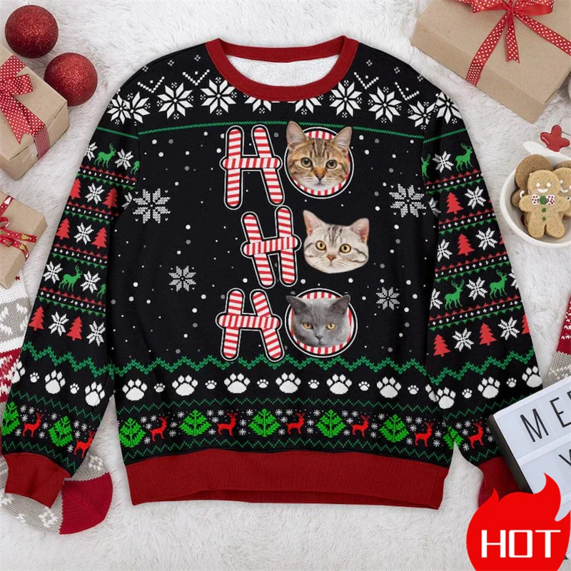 Custom Pet Cat Face Family Ugly Sweaters Funny Personalized Christmas Sweatshirts Customized Sweatshirts Unisex 3D Print Tops