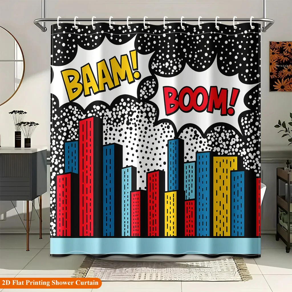 Pop Art Comic Book Shower Curtain, BAAM BOOM City Skyline Bathroom Decor, Retro Cartoon Style Waterproof Fabric Bath Screen