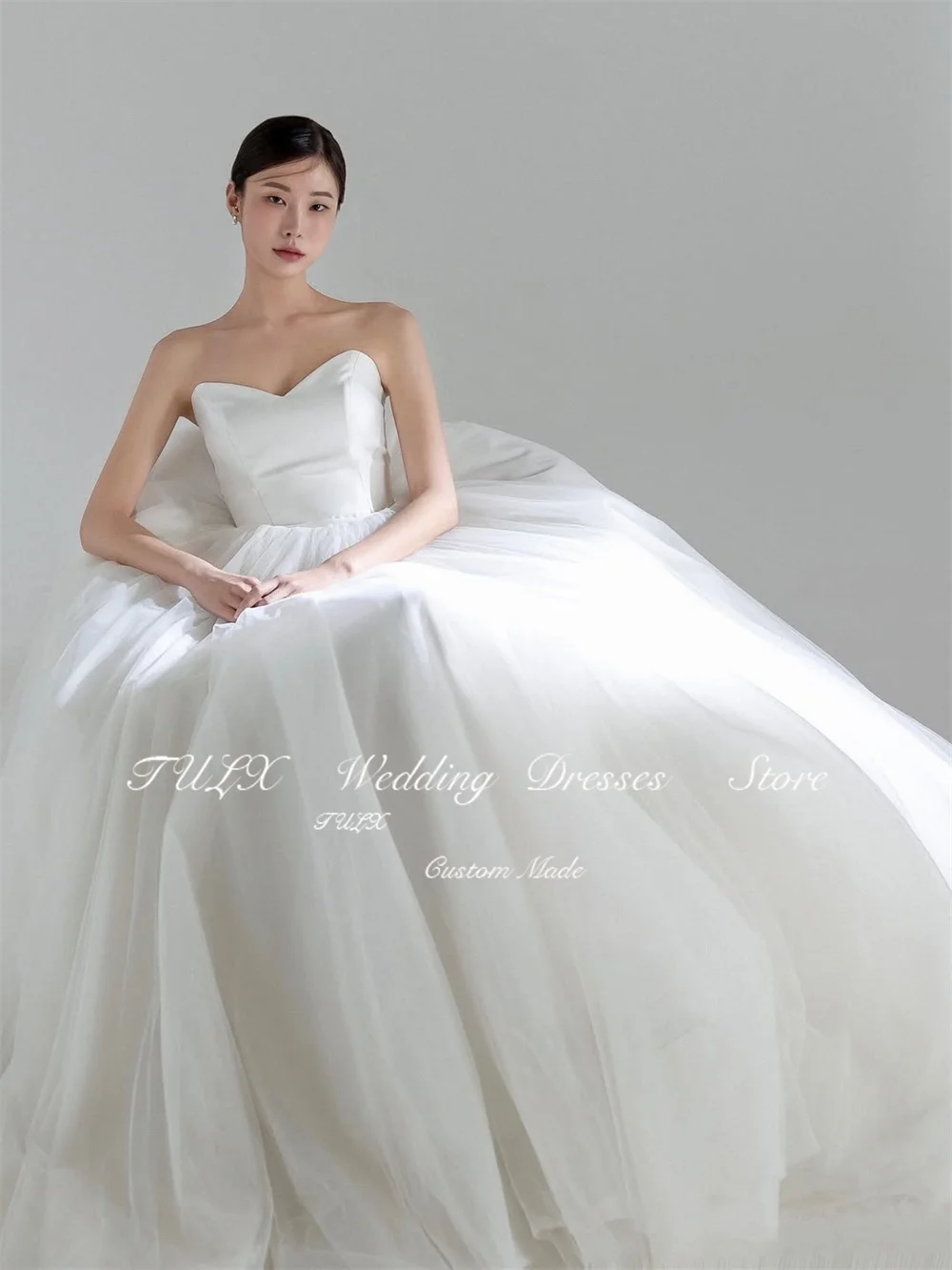 TULX Elegantes Elfenbein-Hochzeitskleid, Korea-Fotoshooting, herzförmig, mit Schal, Brautkleider, Tüll, langes Korsett, maßgeschneidert,  soi