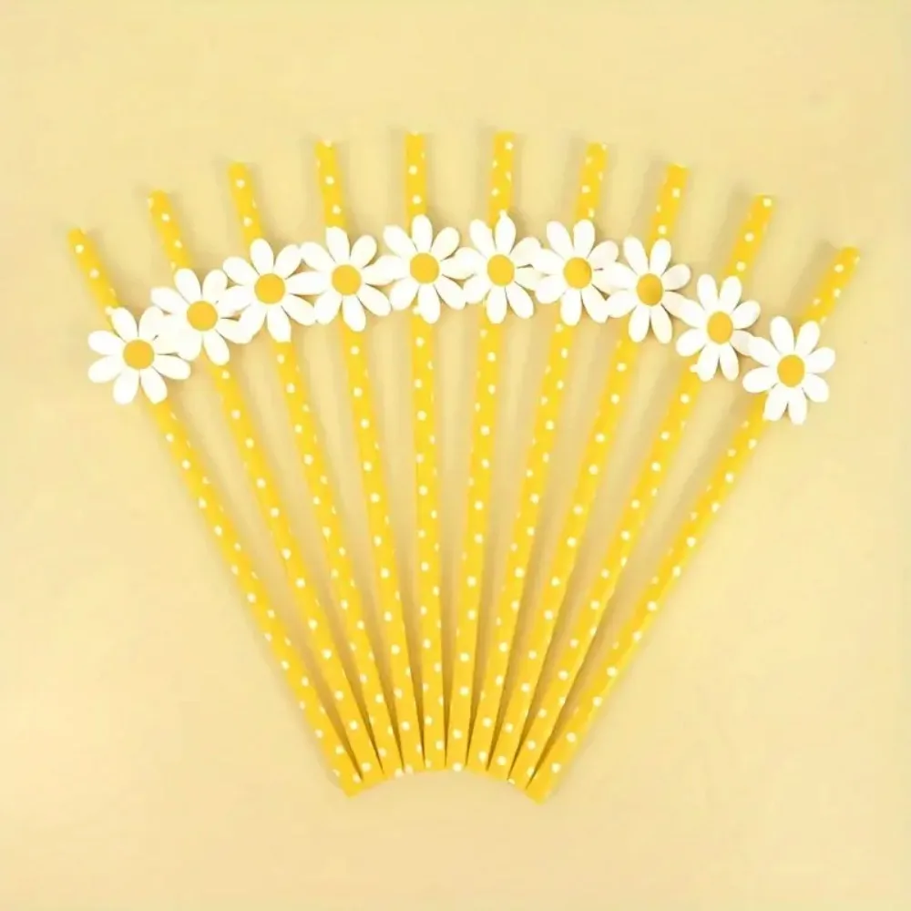 20Pcs Eco-friendly Heart Paper Straws Pink/yellow 6mm Daisy Flower Paper Straws Degradable Disposable Drinking Straw Restaurant