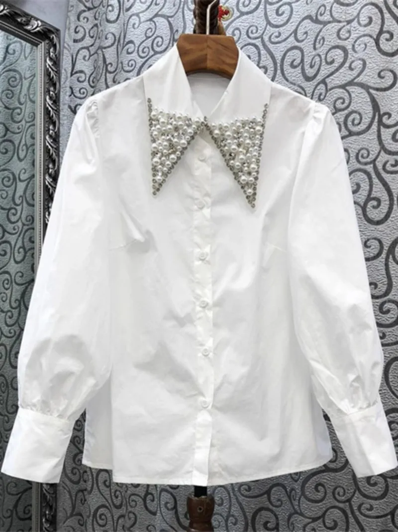 

Vintage Turn Down Collar Diamonds Heavy Beading Blouses Single-breasted Loose Shirts Blusas Mujer De Moda 2024 Korean Spring New