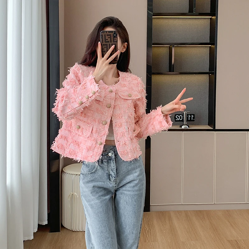 

French Small Fragrance Tassel Short Coat Women Round Neck Long Sleeve Sweet Casual Loose Pink White Korea Chic Lady Tweed Jacket