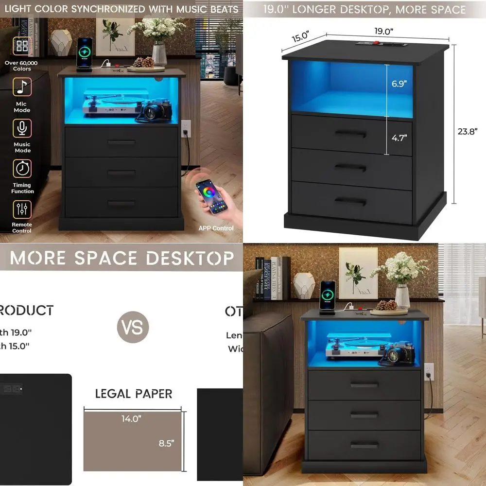 

Large Black Bedroom Nightstand with Charging Station, LED Lights, and 3 Storage Drawers, Wider Tabletop 19x15