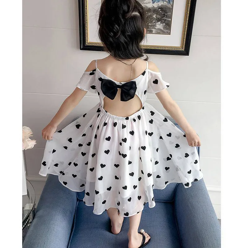 Girls summer dress 2024 chiffon off-the-shoulder sundress sweet long skirt little girl beach skirt new