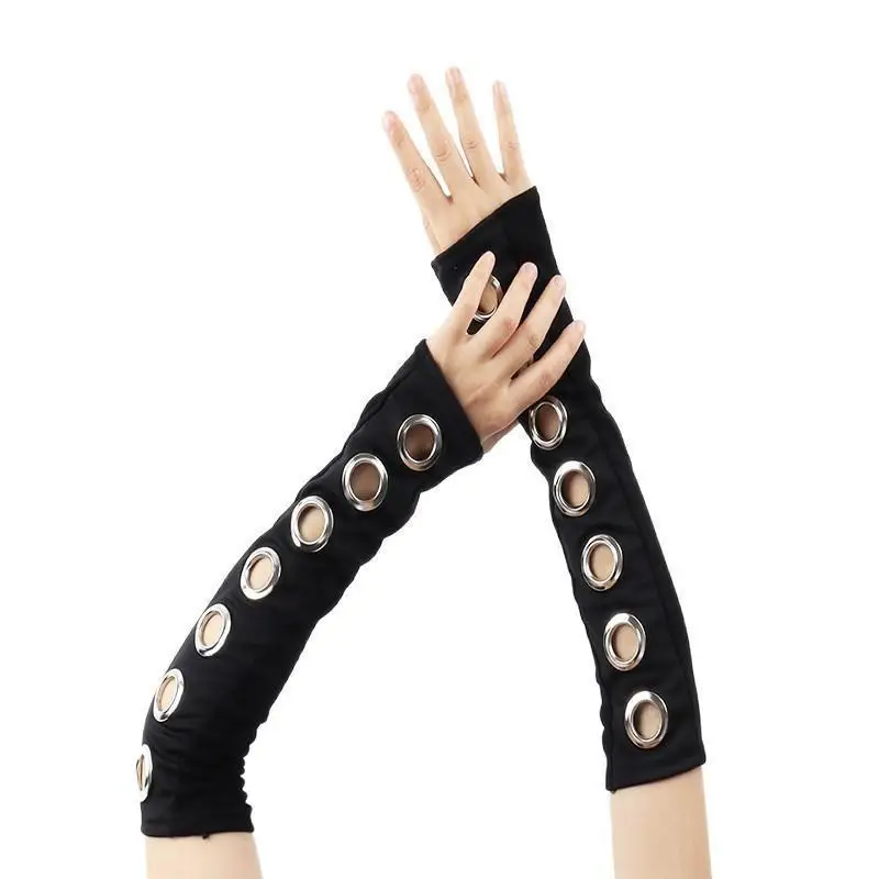 

Новые женские рукавы рукавы, полупальцевые перчатки, металлические пряжки, черные панк стиль перчатки, модные круглые пряжки перчатки