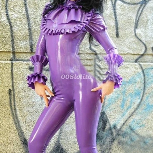 

100% Latex Rubber Bodysuit Catsuit Gummi Cute Lace Purple Ganzanzug Size XXS-XXLCosplay,Masquerade