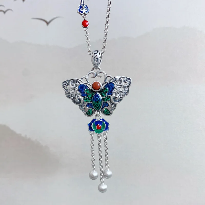 Silver 925 Exquisite Enamel blue-green Butterfly Pendant Tassel Retro Ethnic Style Auspicious Cloud Necklaces Wedding Jewelry