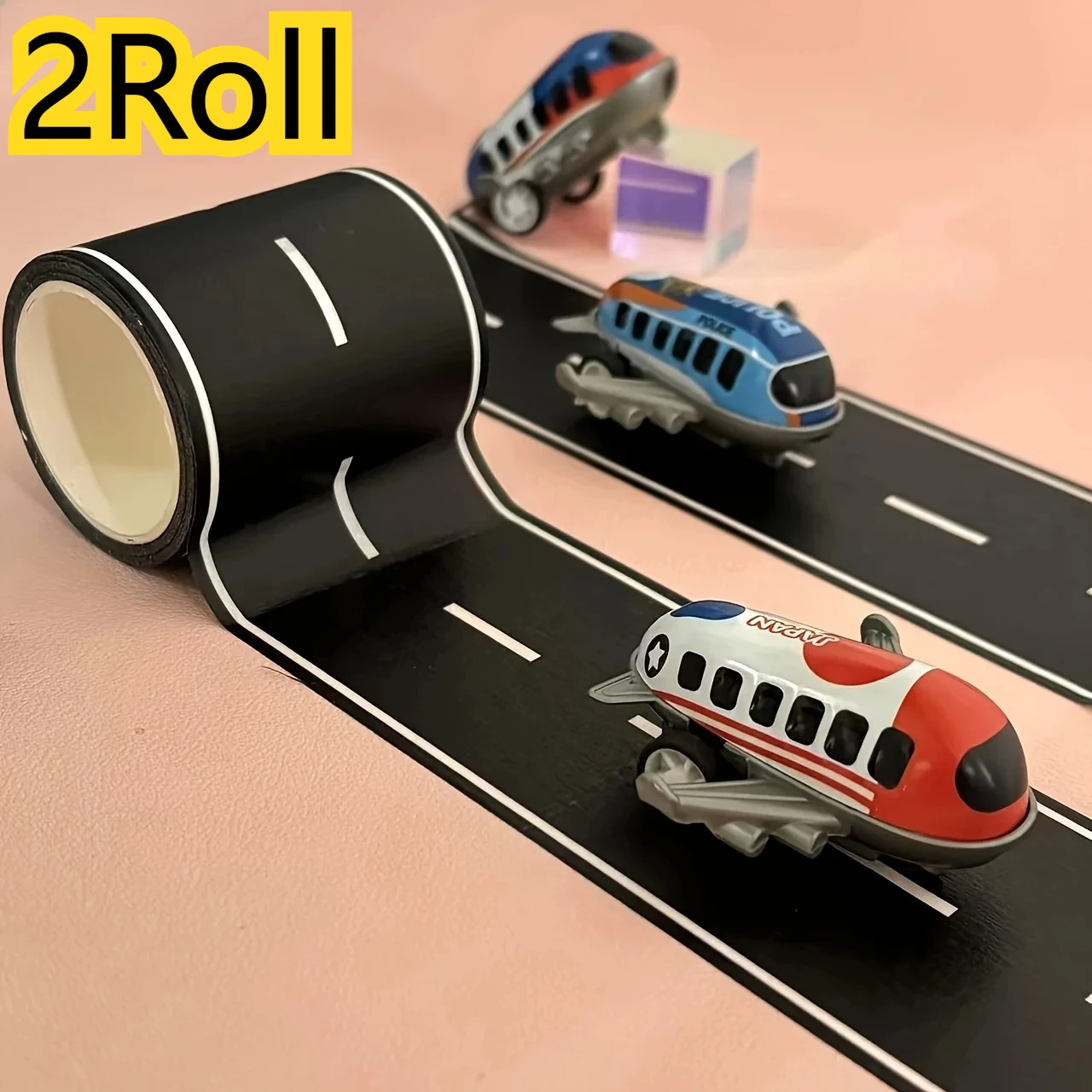 2 rolls of cartoon-style reusable road stickers and black road tape, suitable for party racing car decoration