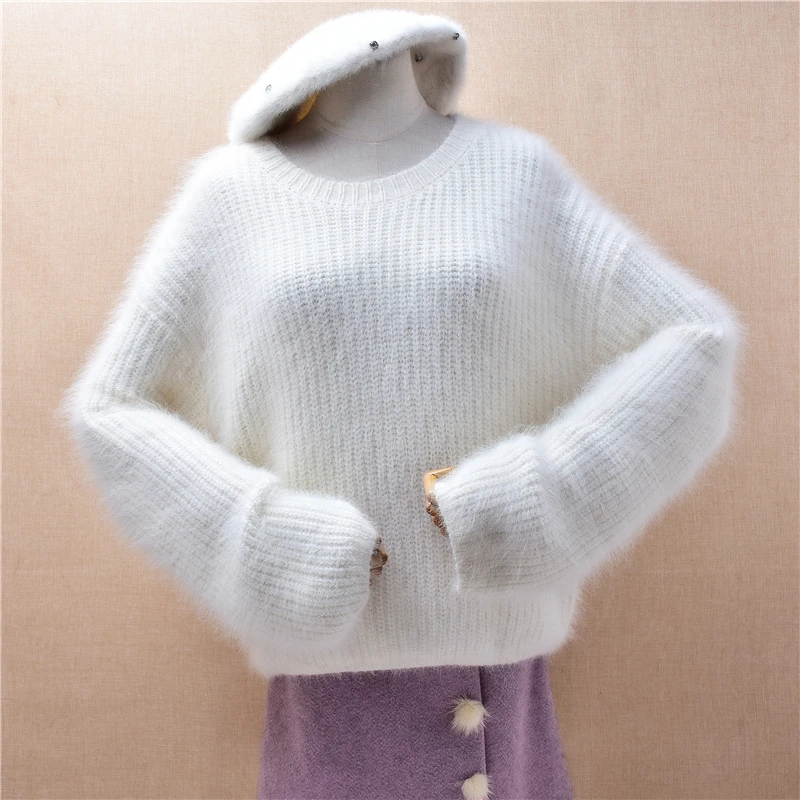

Women Mujer Fall Winter Clothing White Hairy Mink Cashmere Knitted O-Neck Long Sleeves Loose Pullover Sweater Jumper Pull Tops