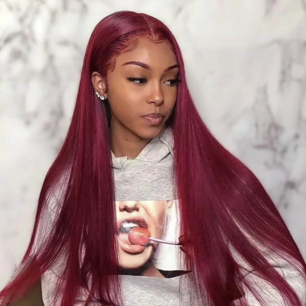 

99J Burgundy Silky Straight Human Hair Wig 46 Inch 13x6 HD Undetectable Lace Frontal 200 Density Pre Plucked Baby Hair Natural
