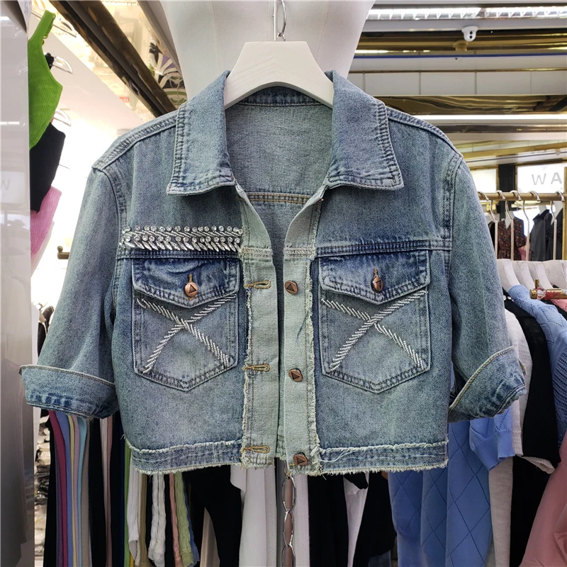 

Vintage Heavy Work Diamonds Big Pocket Denim Jacket Women Slim Short Cowboy Outerwear Three Quarter Sleeve Jeans Jacket Female