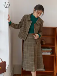 DUSHU French Retro Plaid Fashion Suit Winter Niche Design Vintage Elegance Temperament Short Coat High Waist A-Line Skirt Female