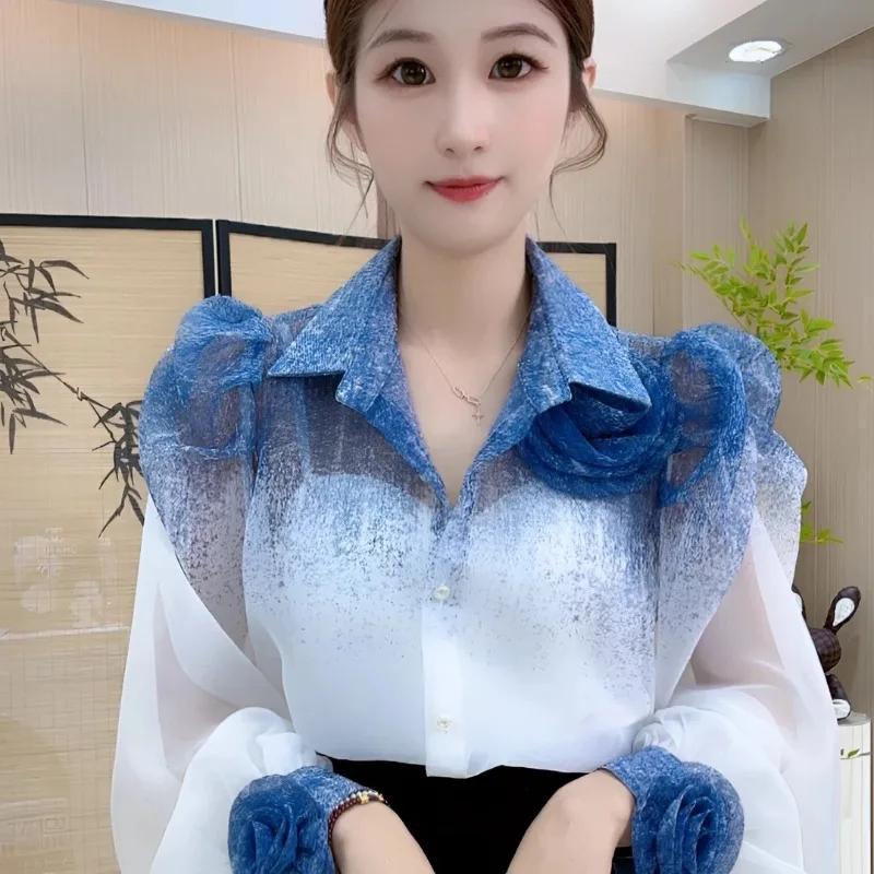 Women's Blue To White Ombre Sheer Lapel Collar Shirt With 3d Flower Applique Casual Blouse