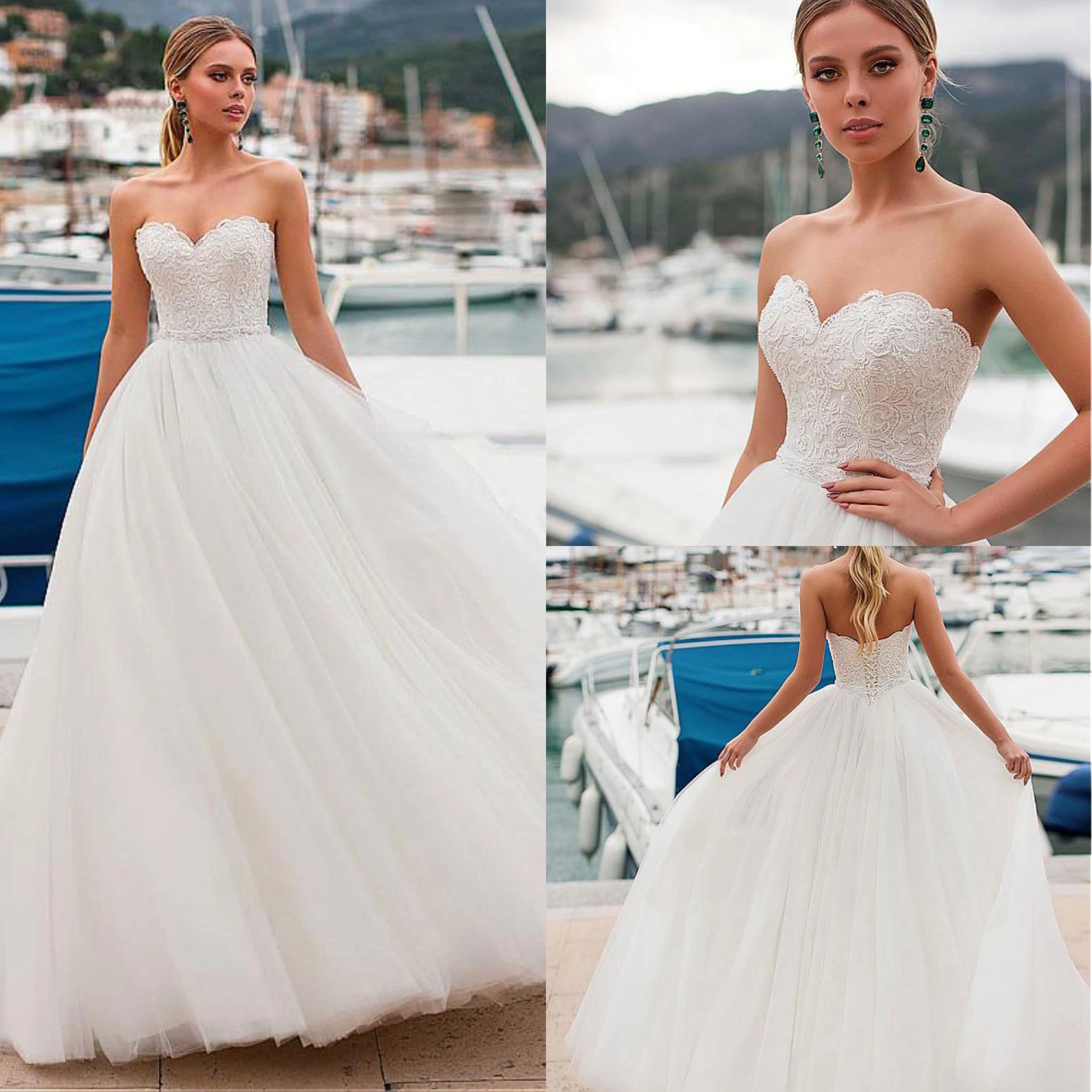 Simple White Sweetheart A-Line Wedding Dresses Lace top Floor Length Bridal Gowns Custom Made free