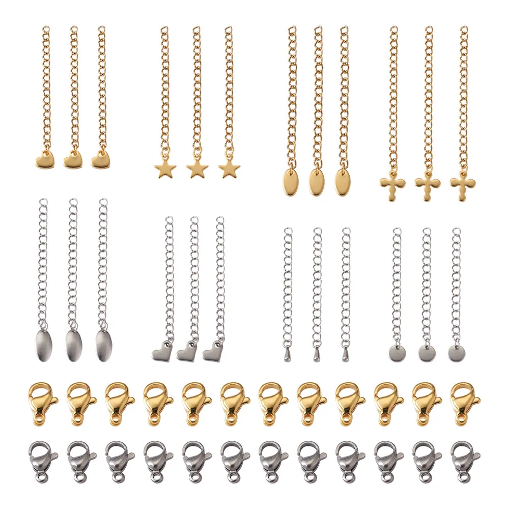 40pcs DIY 304 เครื่องประดับสแตนเลสค้นหาชุด CHAIN Extender และ Lobster Claw Clasps Golden & สแตนเลสสี