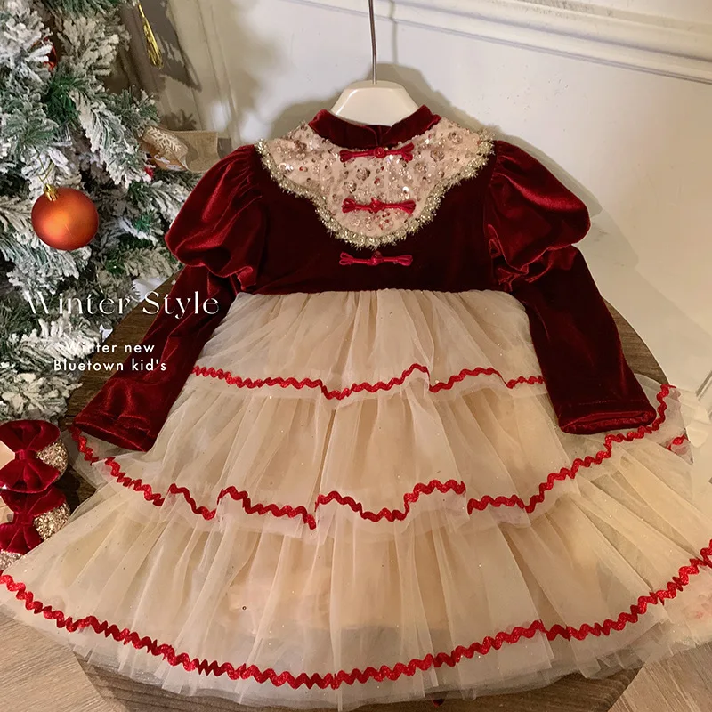 2024Girls New Year Christmas Red Puffy Lolita Princess Dress Dress