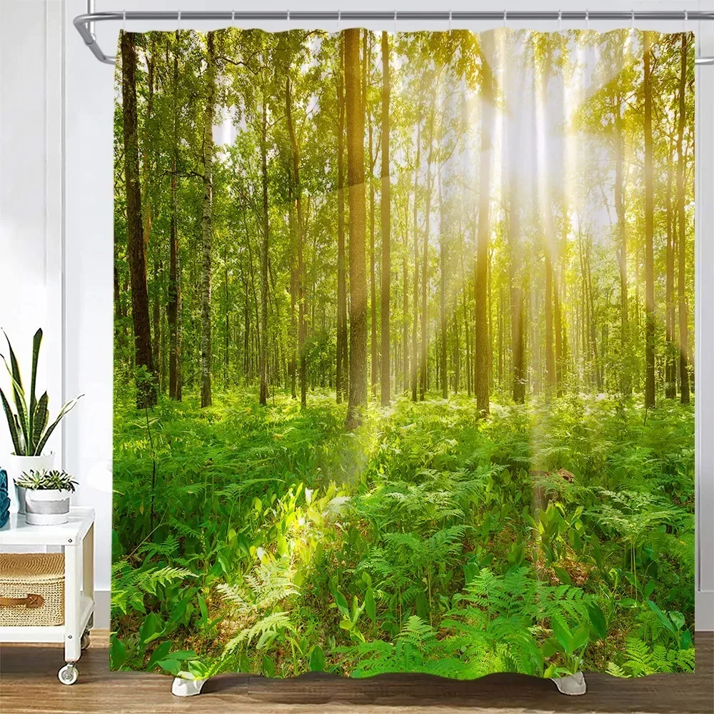 Forest Shower Curtains Green Trees Plants Sunshine Nature Landscape Wall Hanging Polyester Fabric Bathroom Decoration with Hooks