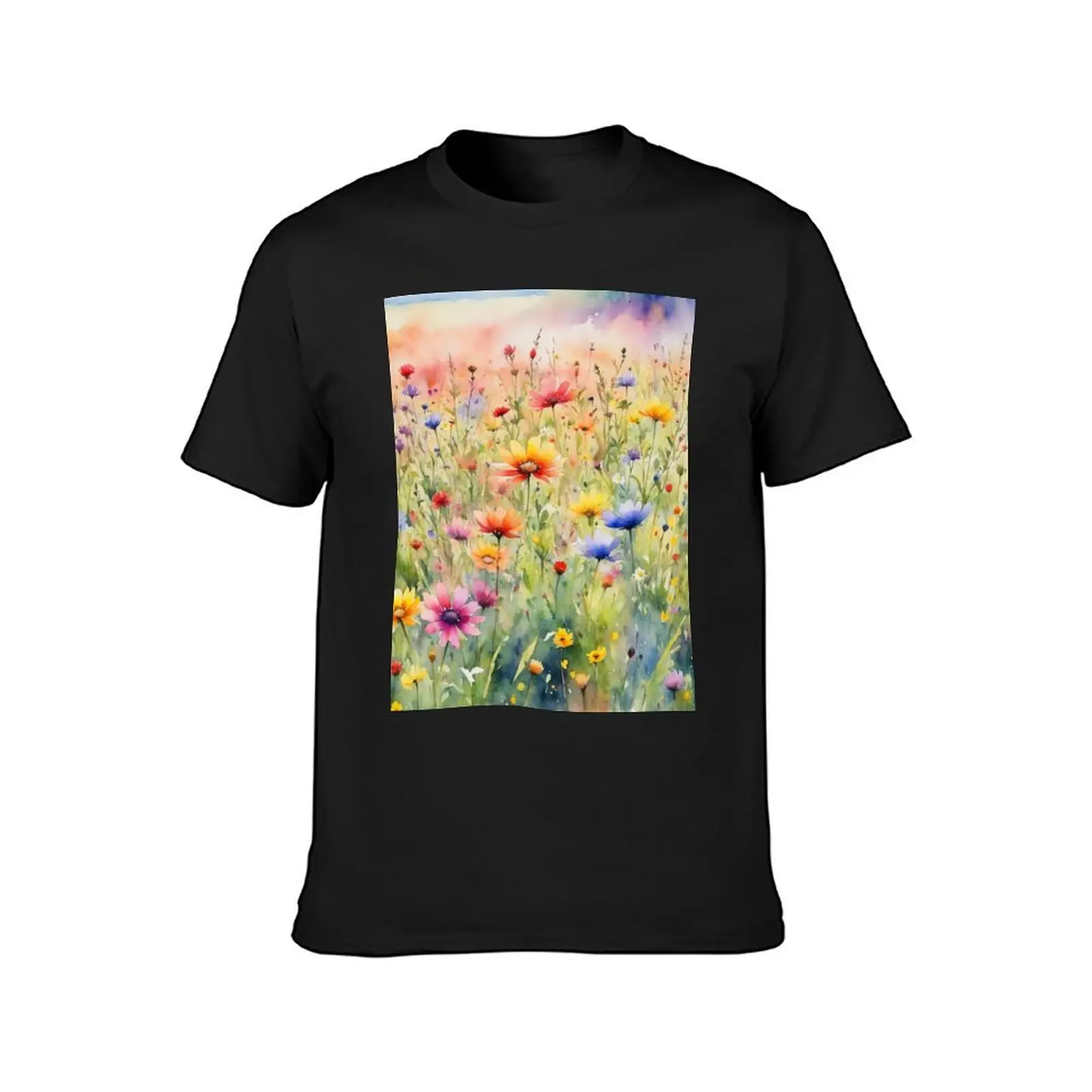 colorful wild flower field water color T-shirt customs Blouse anime mens clothes