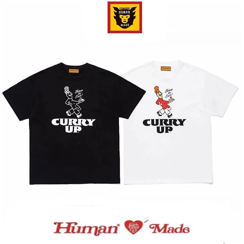 Human Made CURRY UP VERDY Cartoon Slub Cotton T-Shirt, Casual Tee for Men Women