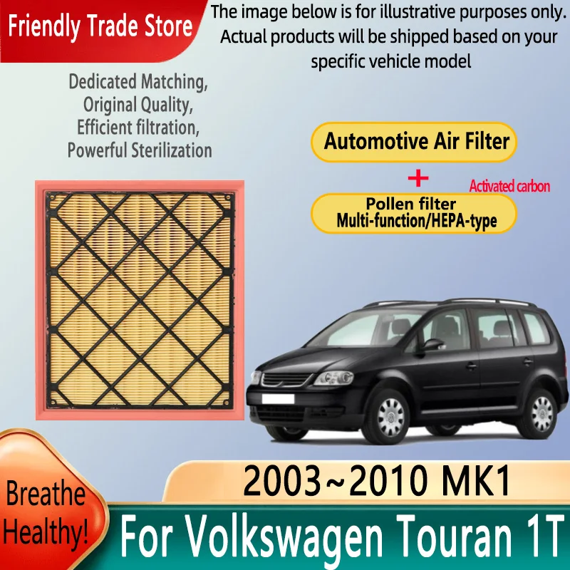 

Автомобильный воздушный фильтр, воздушный фильтр двигателя автомобиля для Volkswagen Touran 1T 2003 ~ 2010 09, комплект угольного салонного фильтра, автозапчатая замена