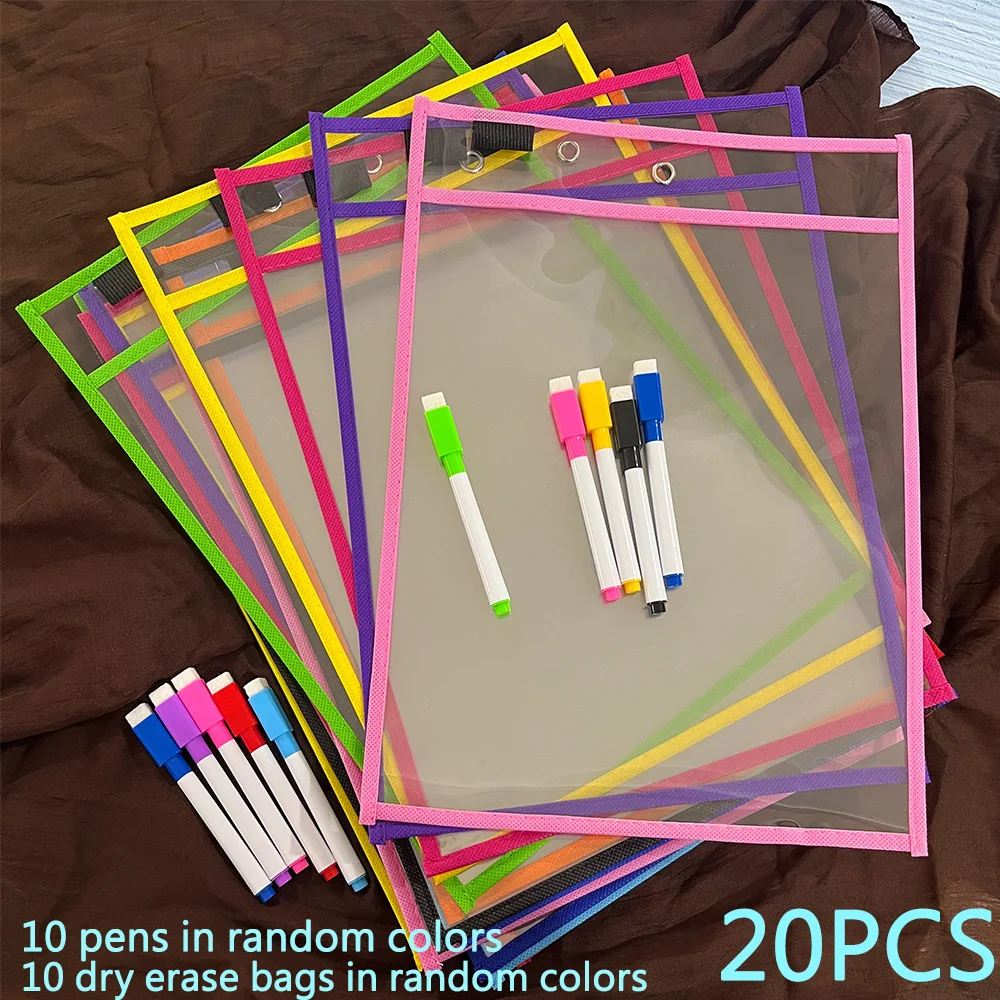 20 Stück wiederverwendbare trocken abwischbare Taschen-Set, extra große Schreib- und abwischbare Taschen, transparente Schutzhüllen, Lehrerbedarf für den Schulunterricht (10 trocken abwischbare Taschen + 10 Stifte) – Detail 5