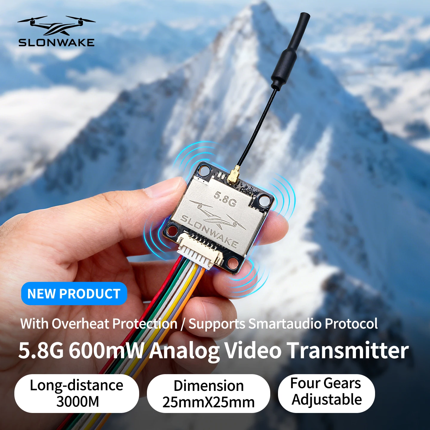 SLONWAKE 5.8G 48CH 600mW VTX وضع الطاقة العالية للتحويل جهاز إرسال الفيديو دعم 7-24 فولت الطاقة لطائرات بدون طيار RC طويلة المدى