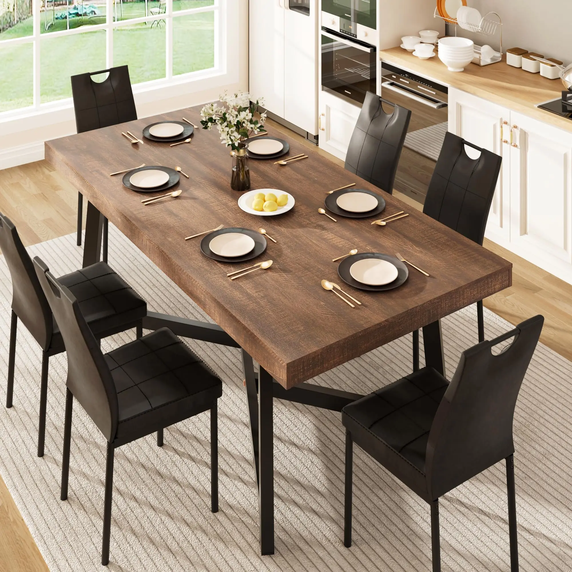 7 Pcs 71 inch Farmhouse Dining Table with Chairs Set for 6,Brown
