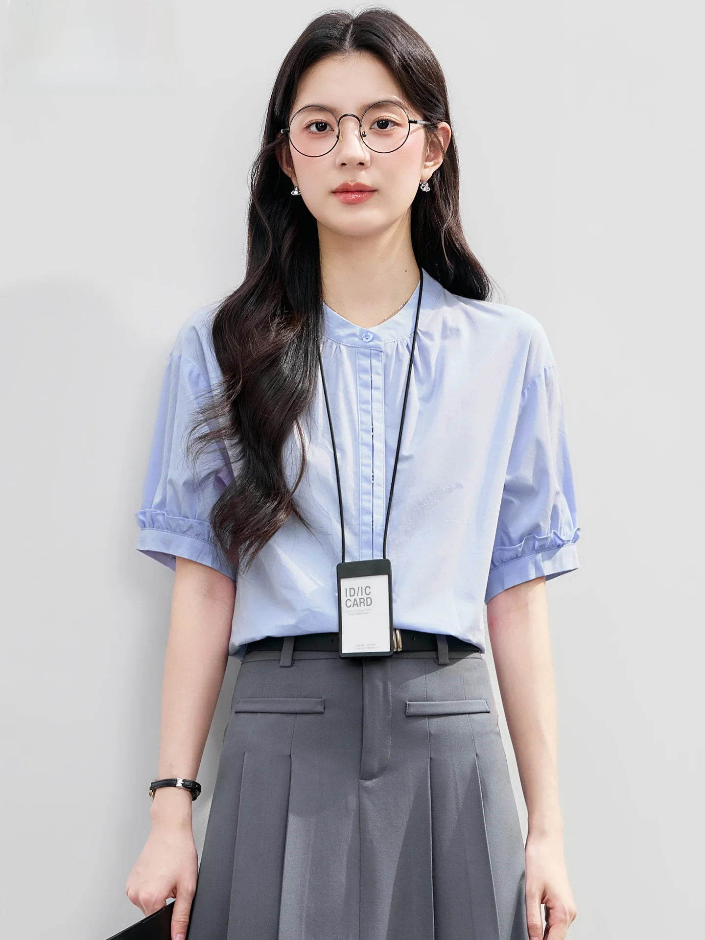 

Blue ort Sve irt Women's Summer High-End Commute Workwear Cotton Blend Button-Up round Ne Two-Piece Set Skirt