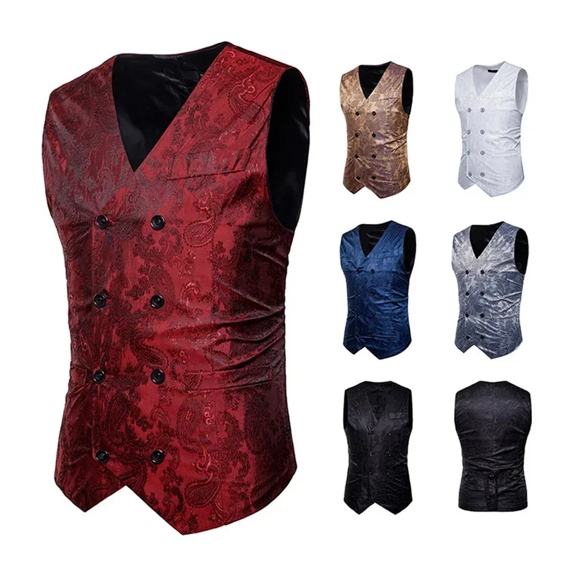 

New spring and autumn men's waistcoat embroidered double-breasted V-neck Groomsman's Vest Fashion Man Stage costume Clothes