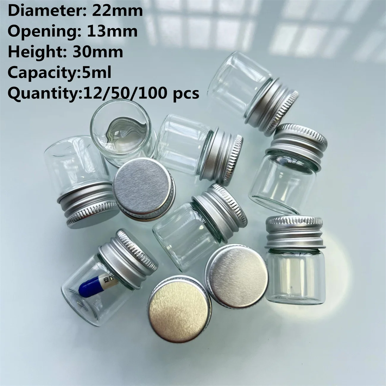 Wholesale 12/50/100 pcs/lot Tiny Glass Jars 5ml Glass Bottles Silver Screw Cap Mini Containers GLASS Decorative Vial