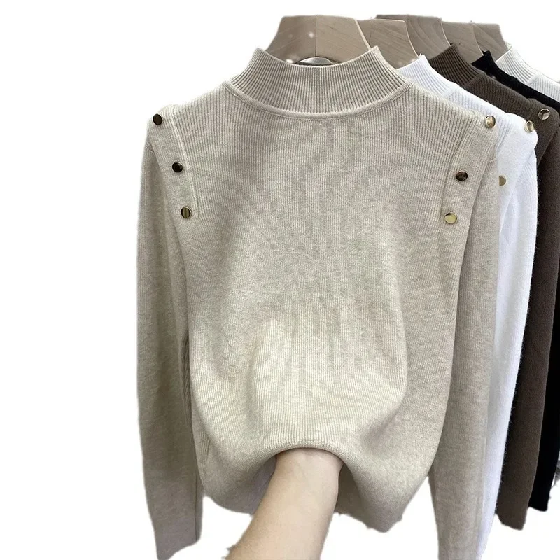 بلوفرات نسائية متماسكة سترات ضيقة غير رسمية بنصف ياقة عالية تقسم سترات سميكة للمكتب للسيدات عادية للخريف والشتاء