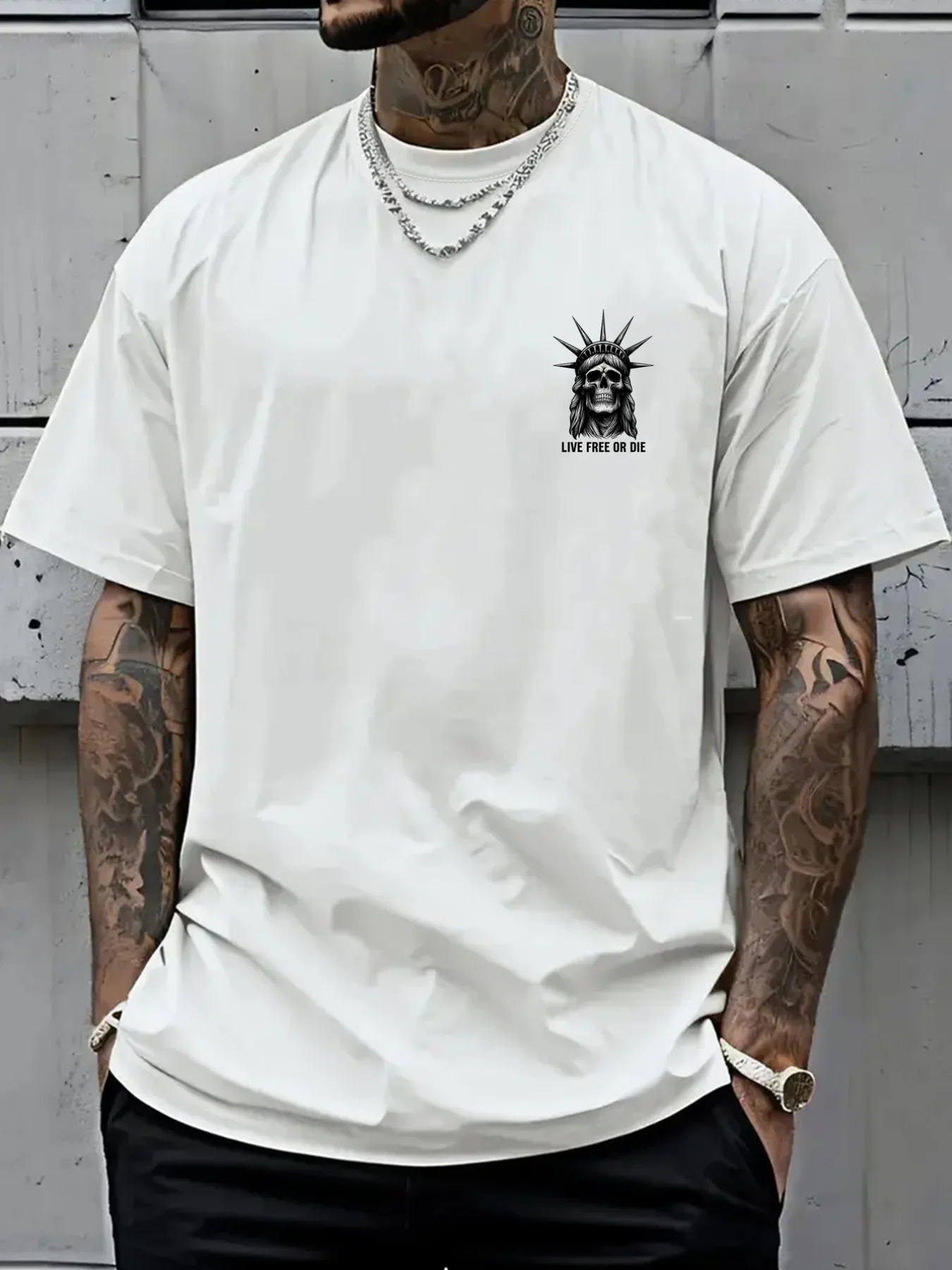 Skull Statue Graphic T-Shirt Men Loose Fit Drop Shoulder Short Sleeve Cotton Tee