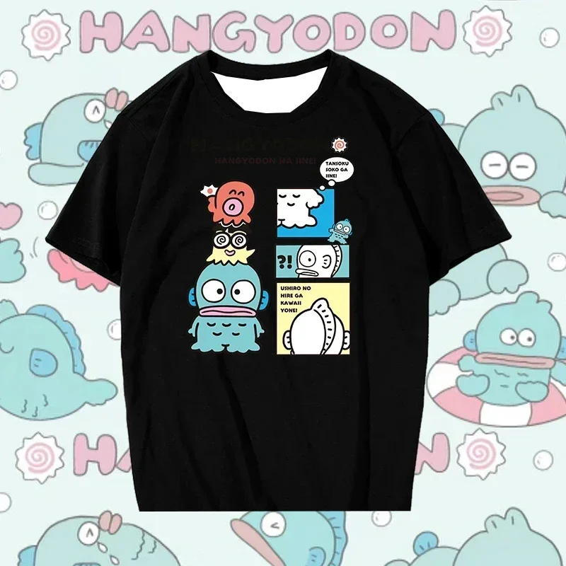 Sanrio Ugly Fish Hanton imprimé T-shirt à manches courtes pour l'été décontracté haut ample femmes dessin animé vêtements confortable T-shirt