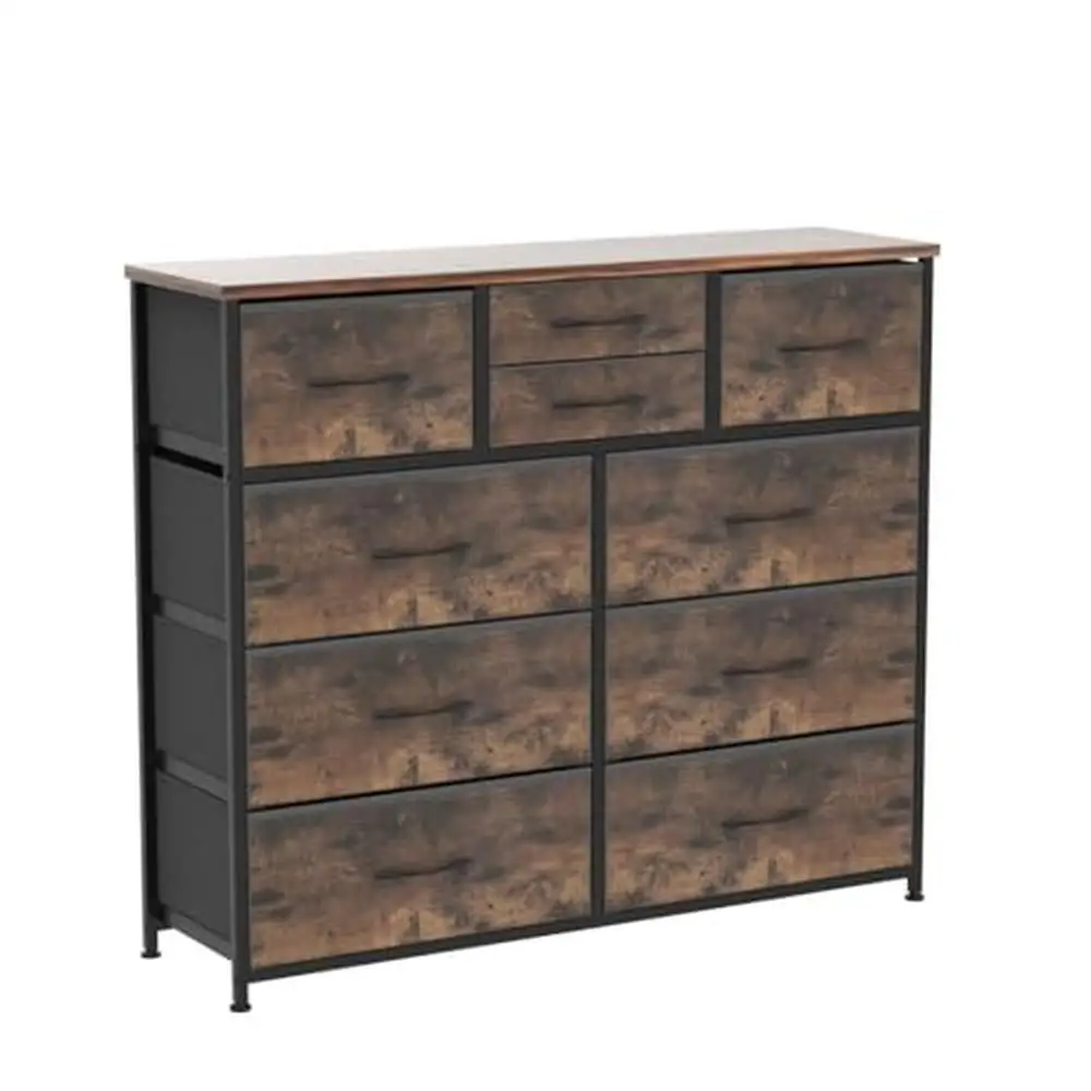 Tecido Armazenamento Dresser Closets, corredor Berçário Closets, aço Madeira Top, fácil Puxar Handle, Rustic Brown Solução De Armazenamento, 10-Gaveta